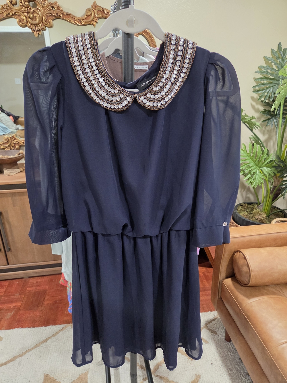 Jodi Kristopher Chiffon Navy Dress with Beaded Crystal Collar